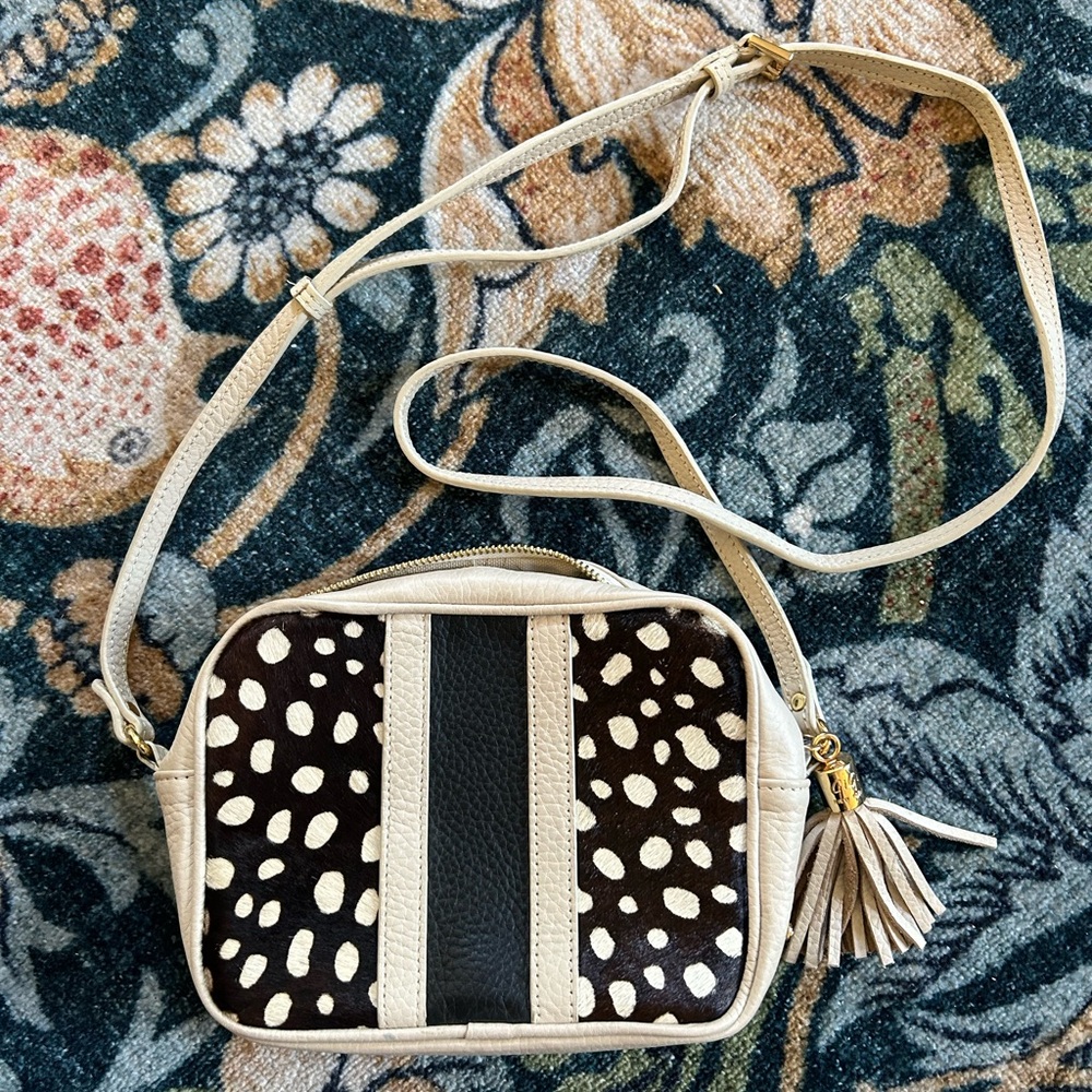 GiGi New York Cream and Black Polka Dot Striped Leather Bag Crossbody